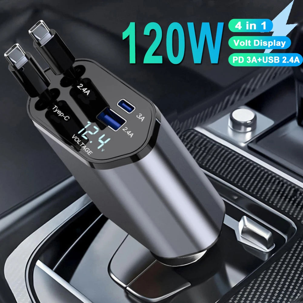 120W Retractable 4-in-1 Car Charger with Voltage Display & Fast Charging