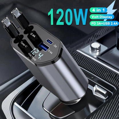 120W Retractable 4-in-1 Car Charger with Voltage Display & Fast Charging