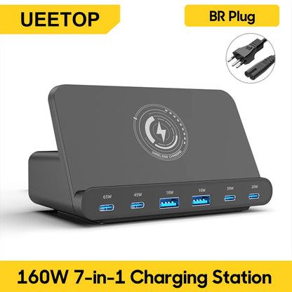 160W GaN Desktop USB Charging Station with 15W Wireless Charger