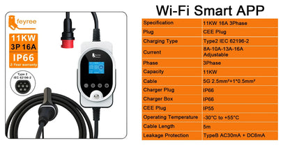 11KW Type 2 Smart EV Wallbox Charger - Portable 3-Phase Electric Car Station