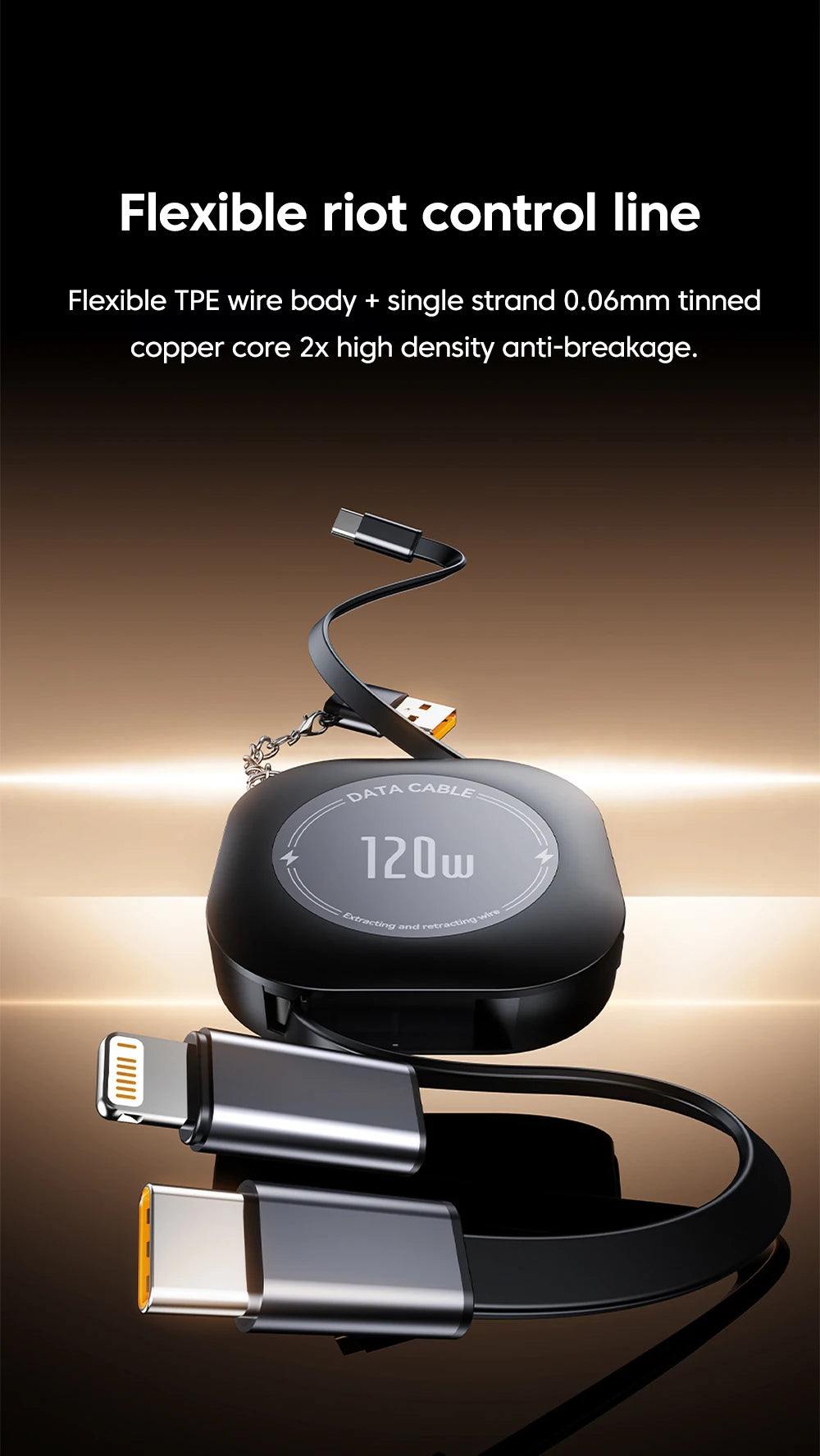 120W Retractable USB-C to USB-C Fast Charging Cable with Adapter - 16