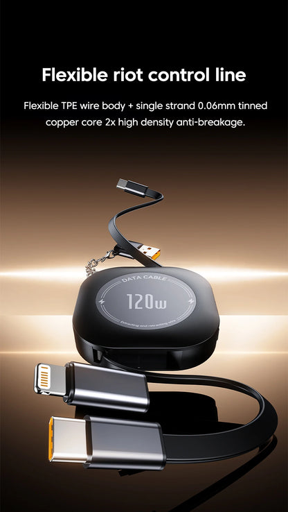 120W Retractable USB-C to USB-C Fast Charging Cable with Adapter