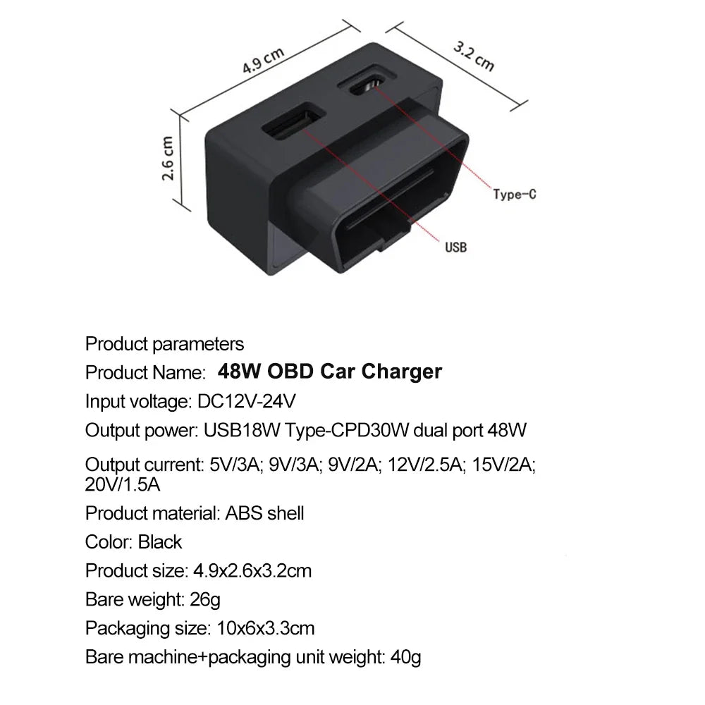 48W Dual USB OBD Fast Charger Adapter for Tesla Model 3, Y, S, X | PD Type-C & USB-A