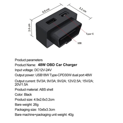 48W Dual USB OBD Fast Charger Adapter for Tesla Model 3, Y, S, X | PD Type-C & USB-A
