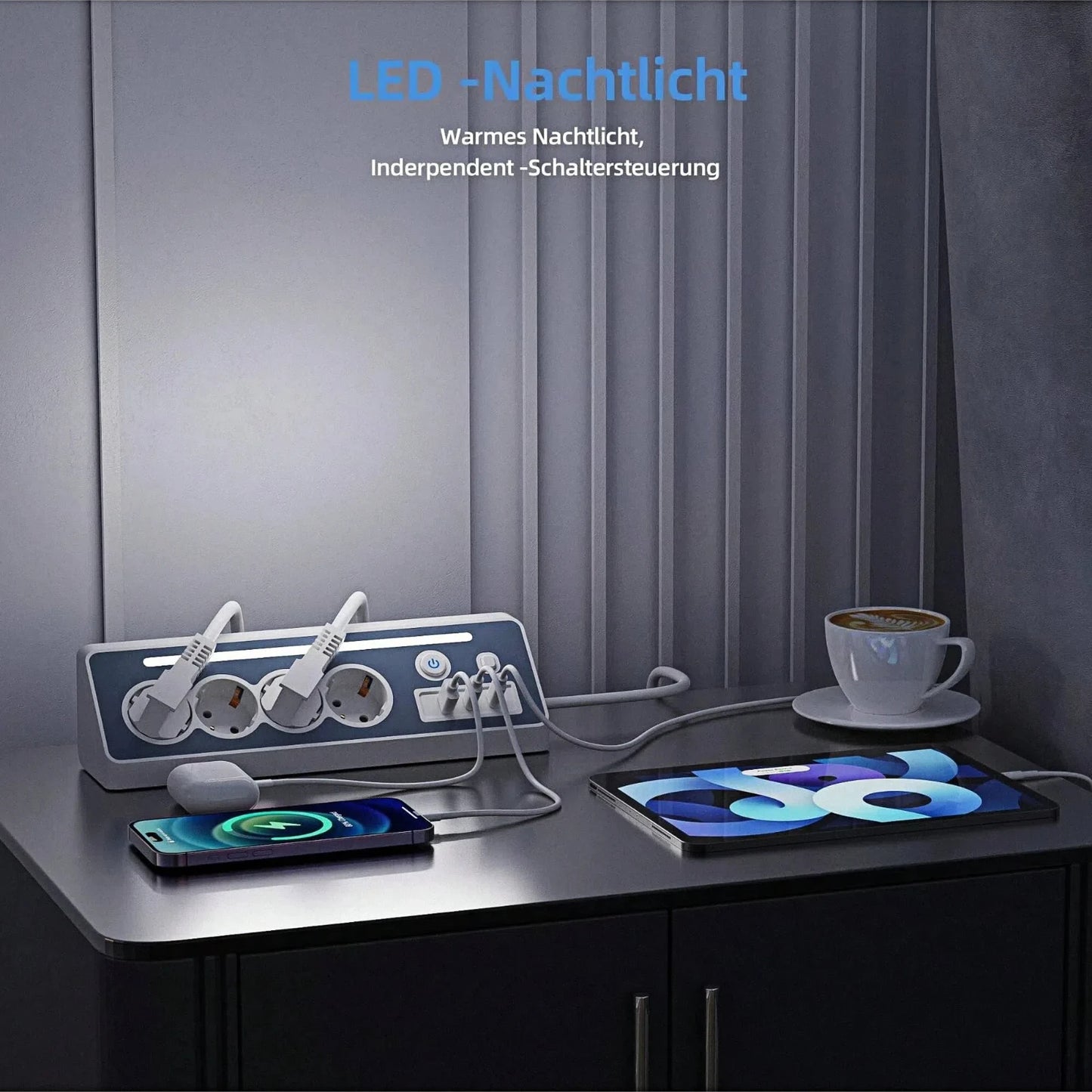 7-in-1 Wall Mount Power Strip with USB-C Fast Charging & LED Night Light