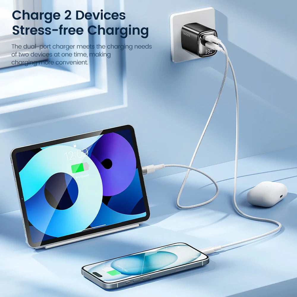 33W GaN Digital Display Fast Charger - USB-C & USB-A Dual Port Power Adapter - 2