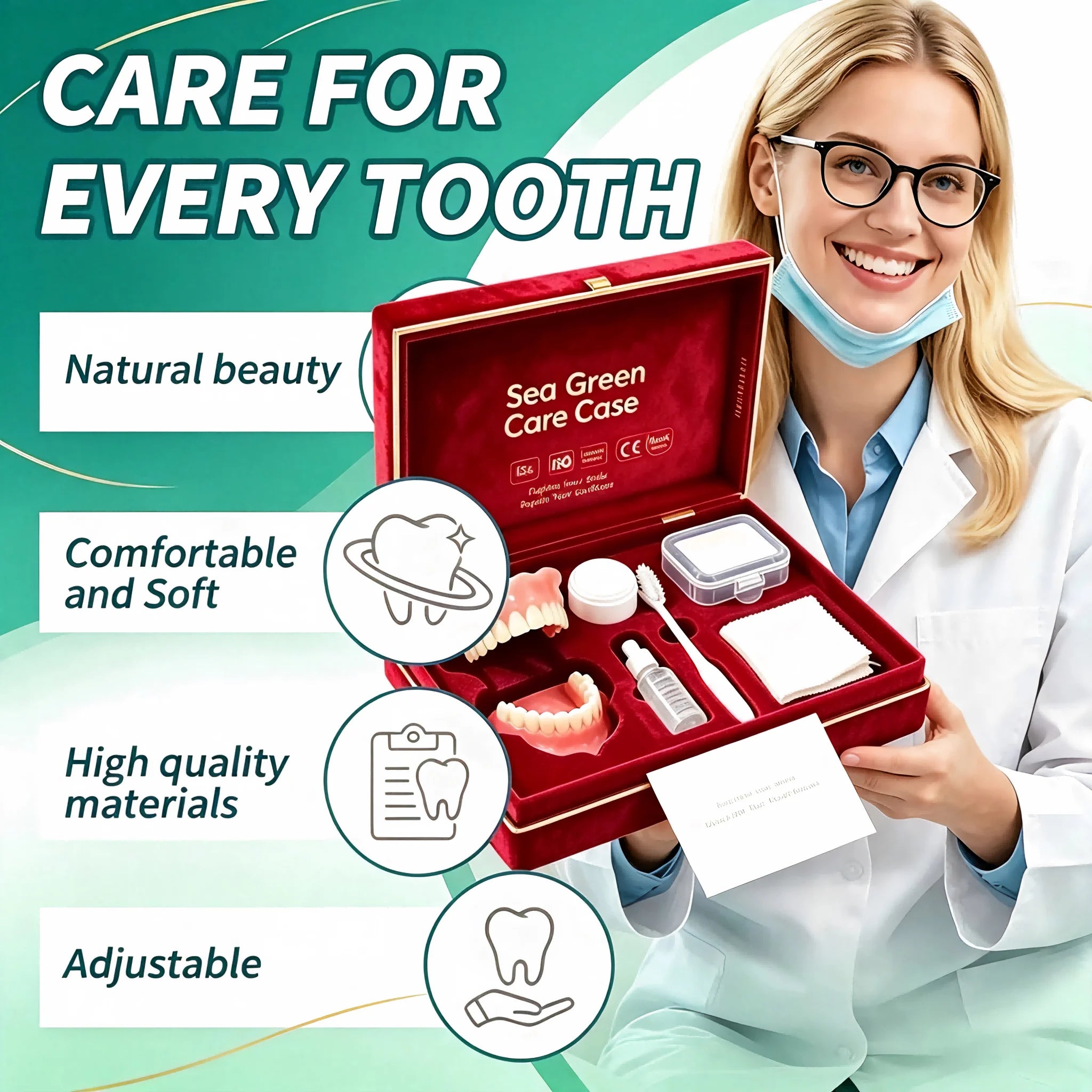 Full Mouth Denture Set with Storage Case & Care Tools - Comfortable Fit - 5