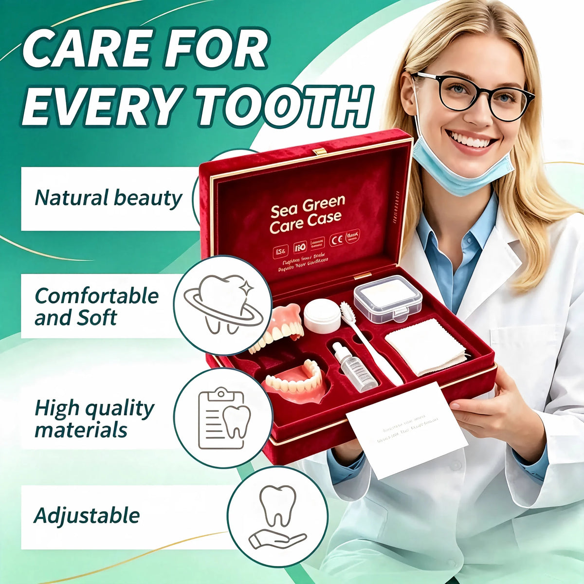 Full Mouth Denture Set with Storage Case & Care Tools - Comfortable Fit