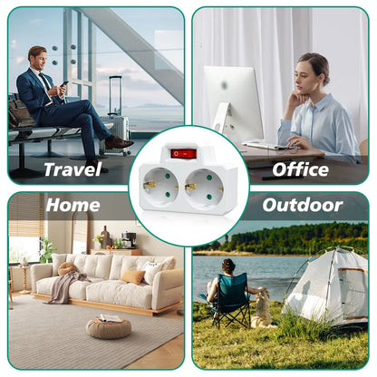 German Standard 2-Way Wall Socket Adapter with On/Off Switch & Surge Protection
