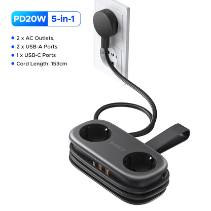 Compact 5-in-1 Travel Power Strip with PD 20W Fast Charging & USB-C