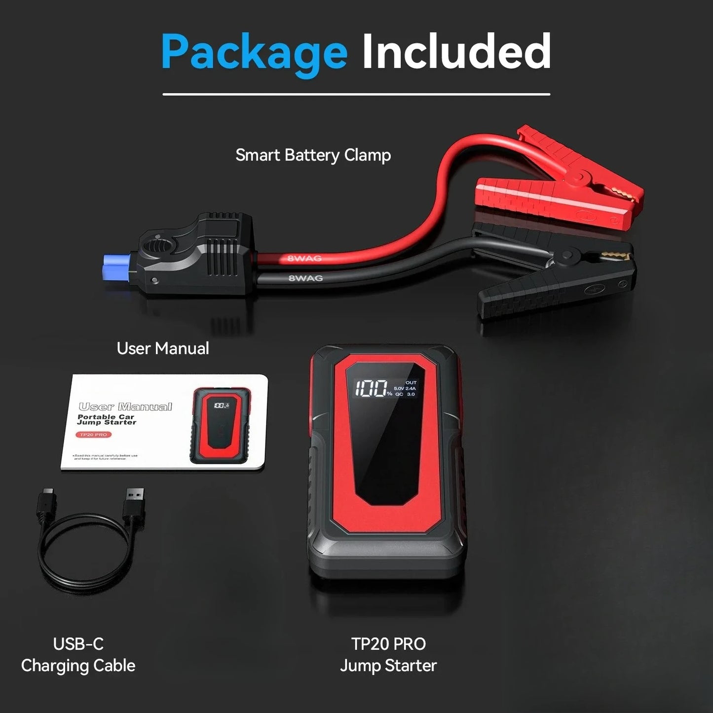 2000A Portable Car Jump Starter - 12V Auto Battery Booster Power Bank