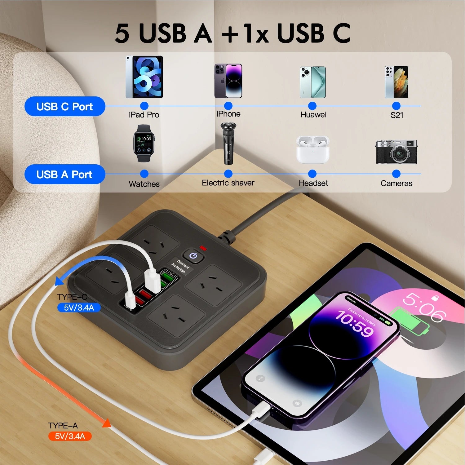 10-in-1 AU Power Board with 5 USB & 1 Type-C Ports – Surge Protected - 11