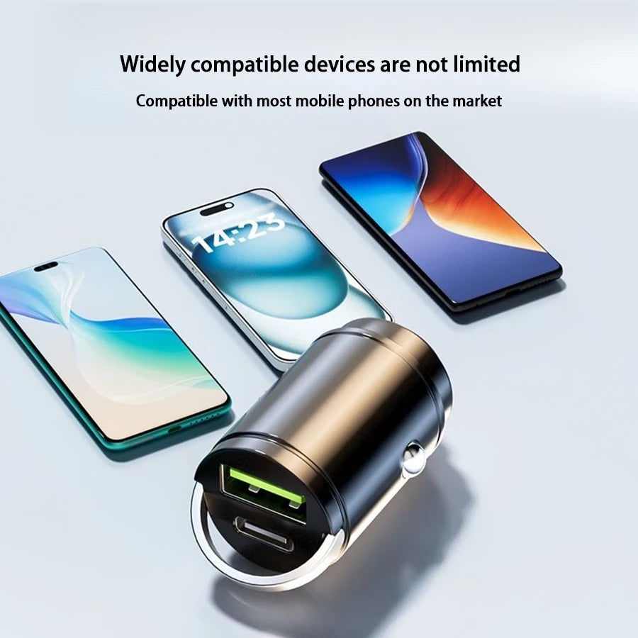 Hidden Mini Fast Car Charger - Dual USB & Type-C Adapter for All Phones