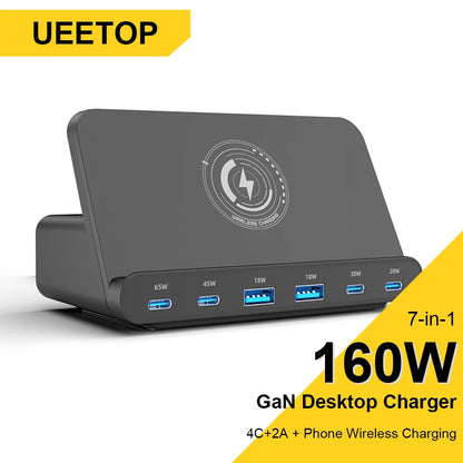 160W GaN Desktop USB Charging Station with 15W Wireless Charger