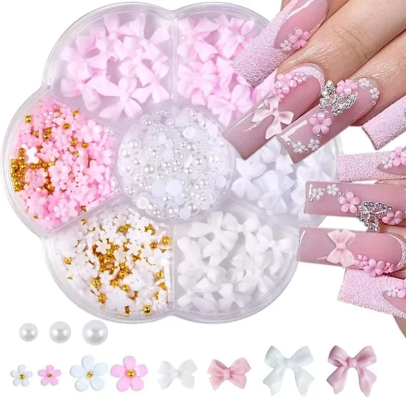 3D Mixed Nail Art Decoration Set - Acrylic Bows, Flowers & Pearl Charms