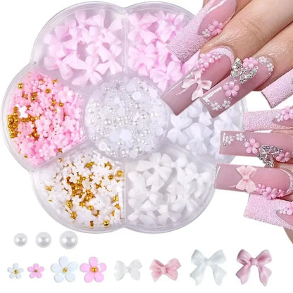 3D Mixed Nail Art Decoration Set - Acrylic Bows, Flowers & Pearl Charms