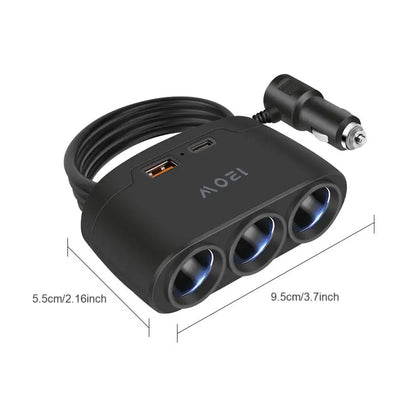 120W 3-Way Car Cigarette Lighter Splitter with USB & PD Fast Charging