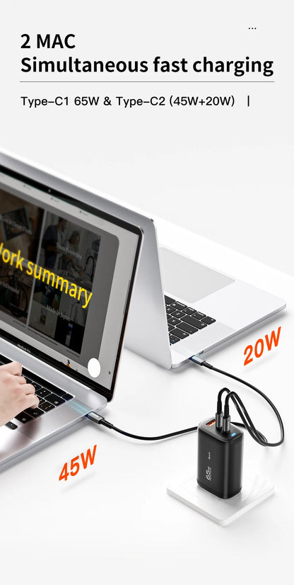 65W GaN Fast Charger - Triple Port USB-C Wall Charger for Laptop & Phone
