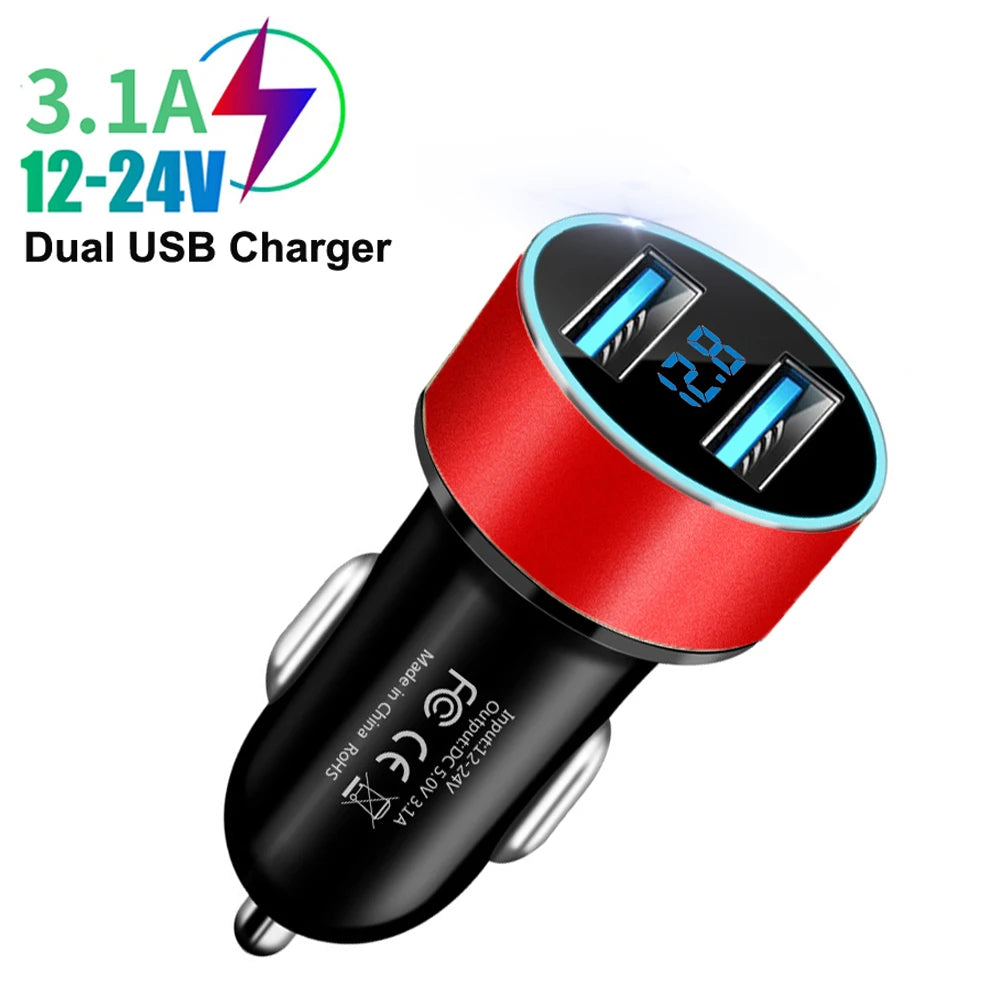 Dual USB Car Charger Adapter with Digital LED Voltmeter Voltage Display - 15