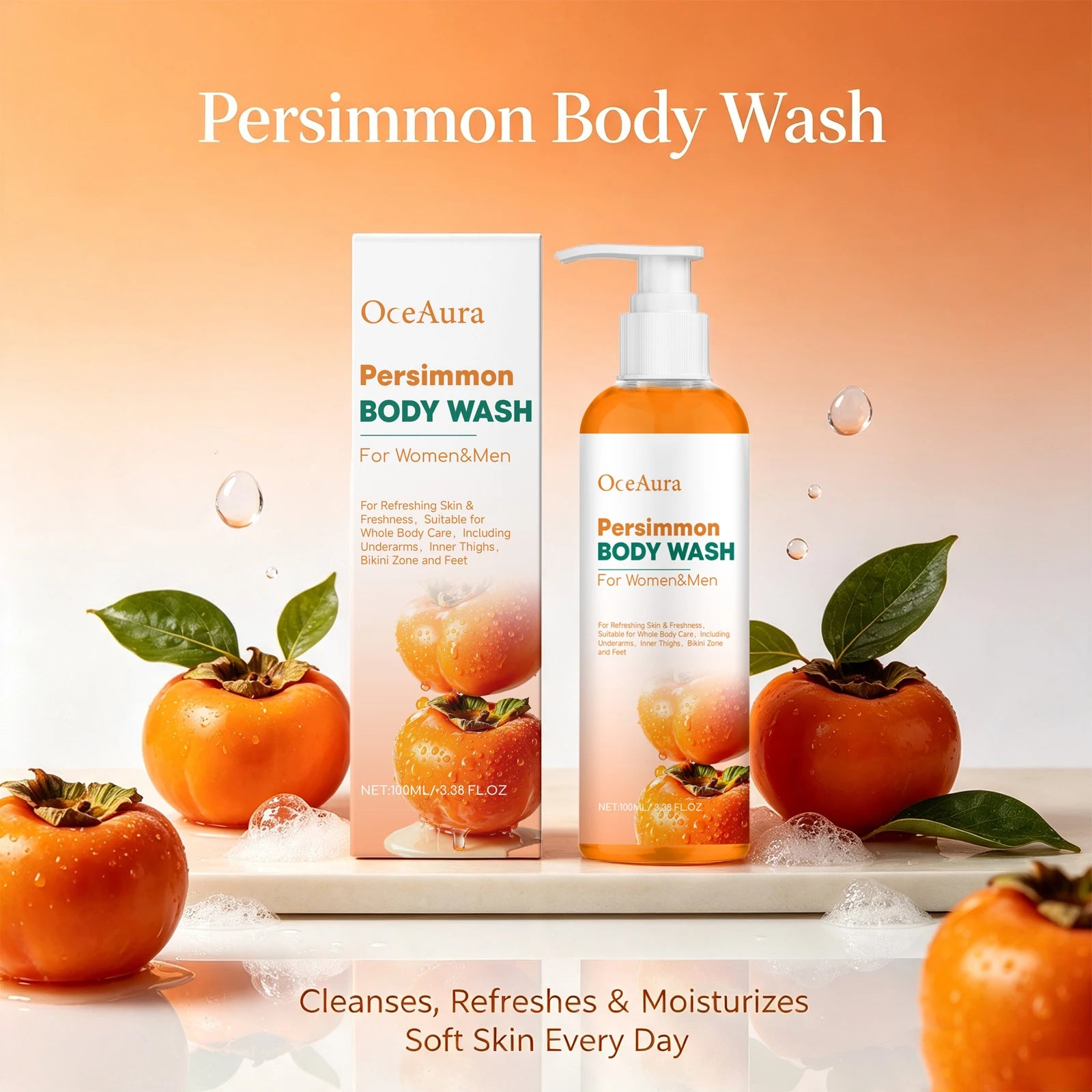 Natural Persimmon Body Wash - Odor Eliminating Deodorizing Shower Gel for All Skin - 5