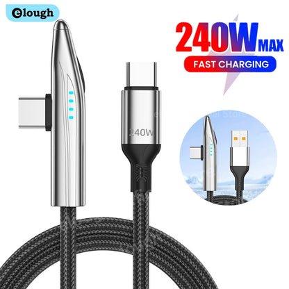240W USB-C to USB-C Fast Charging Cable - 90 Degree Elbow for Gaming
