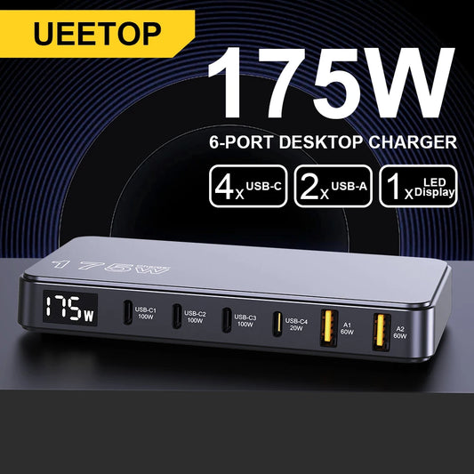 175W GaN USB-C Desktop Charger - 6-Port Fast Charging Station with LCD