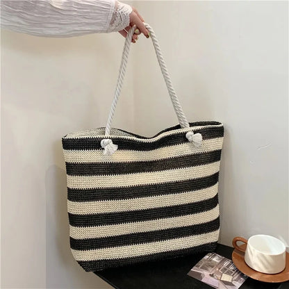 Luxury Striped Straw Beach Tote