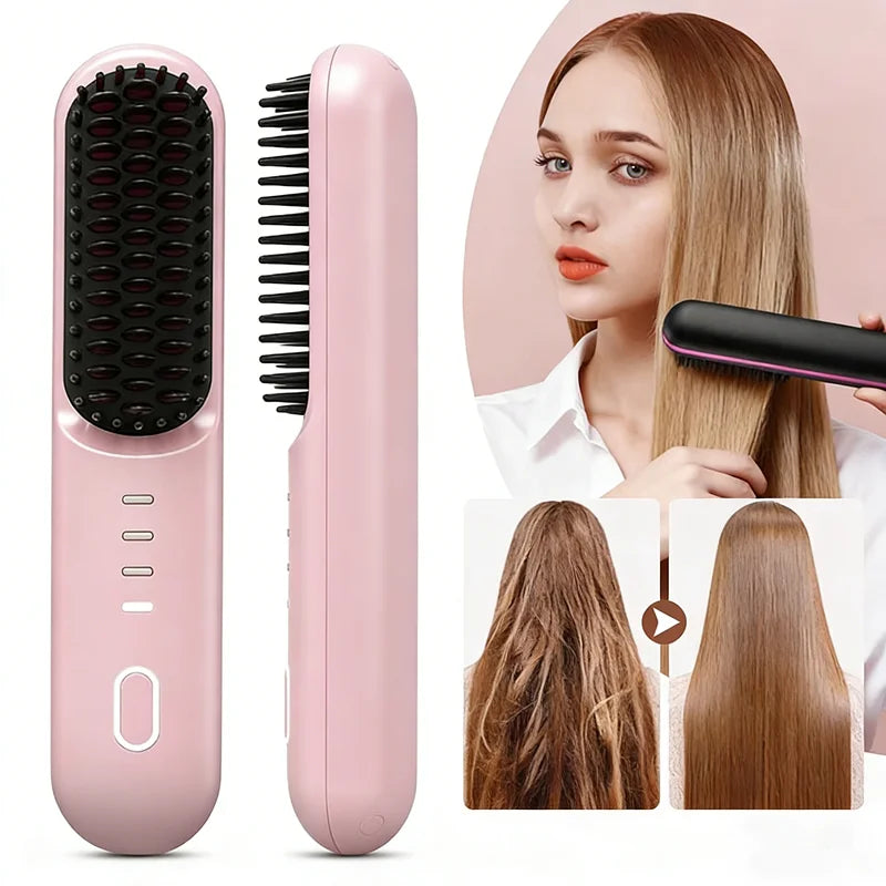 Fast Heating Cordless Hair Straightening Brush - Anti-Frizz Ionic Styling Comb