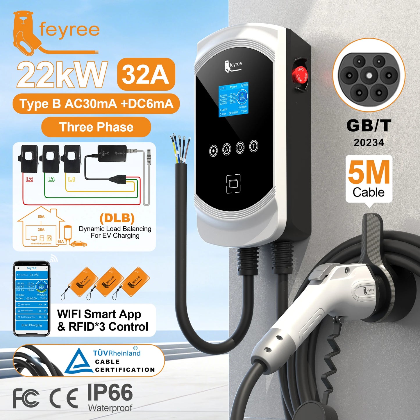 22kW 3-Phase Smart EV Wallbox Charger with WiFi, App Control & DLB
