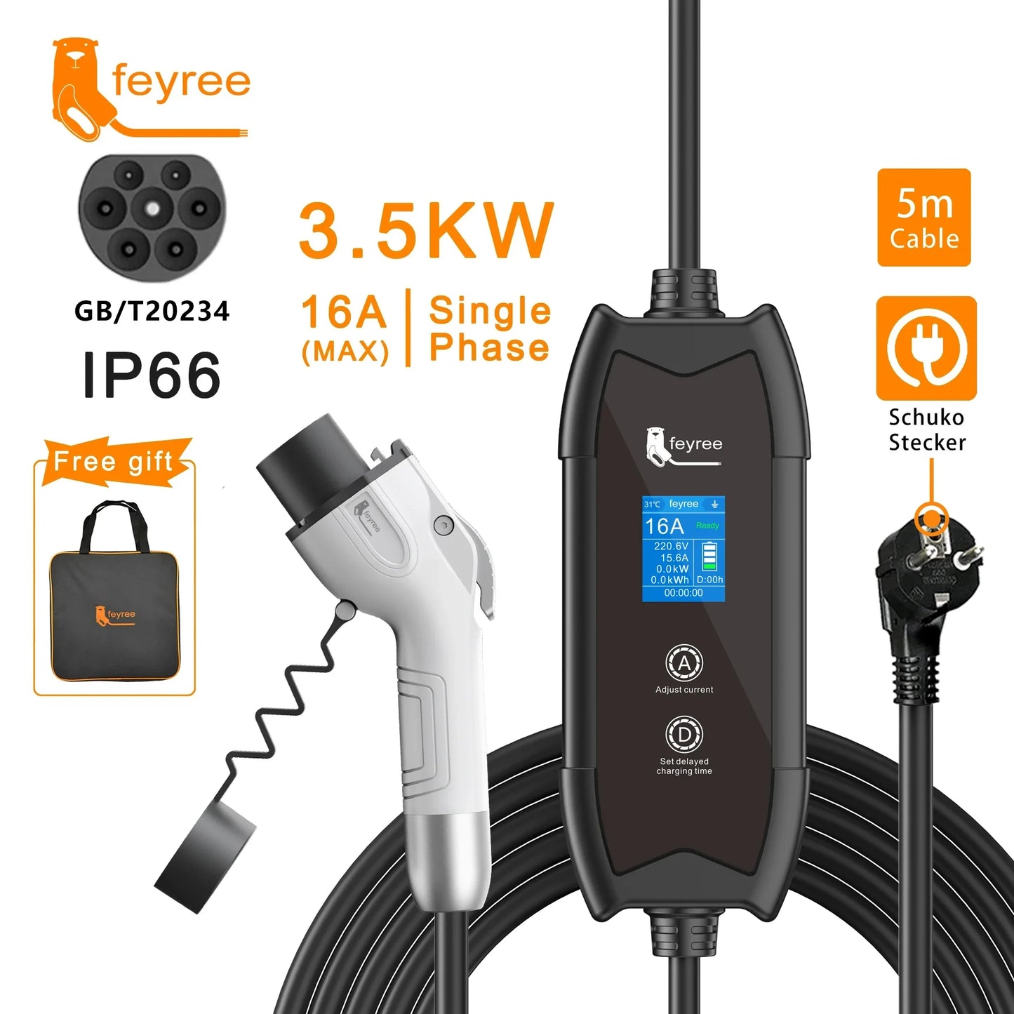 3.5KW Portable EV Charger - Adjustable Current Type 2 Charging Cable