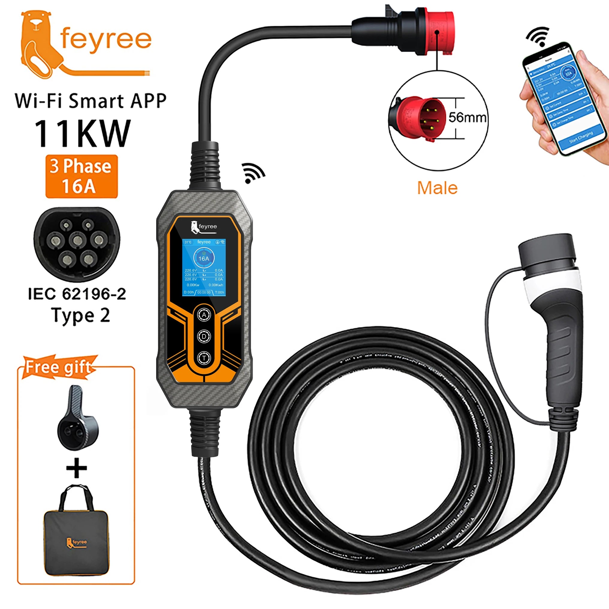 11KW Portable Type 2 EV Charger - Smart App Control & Adjustable Current - 35