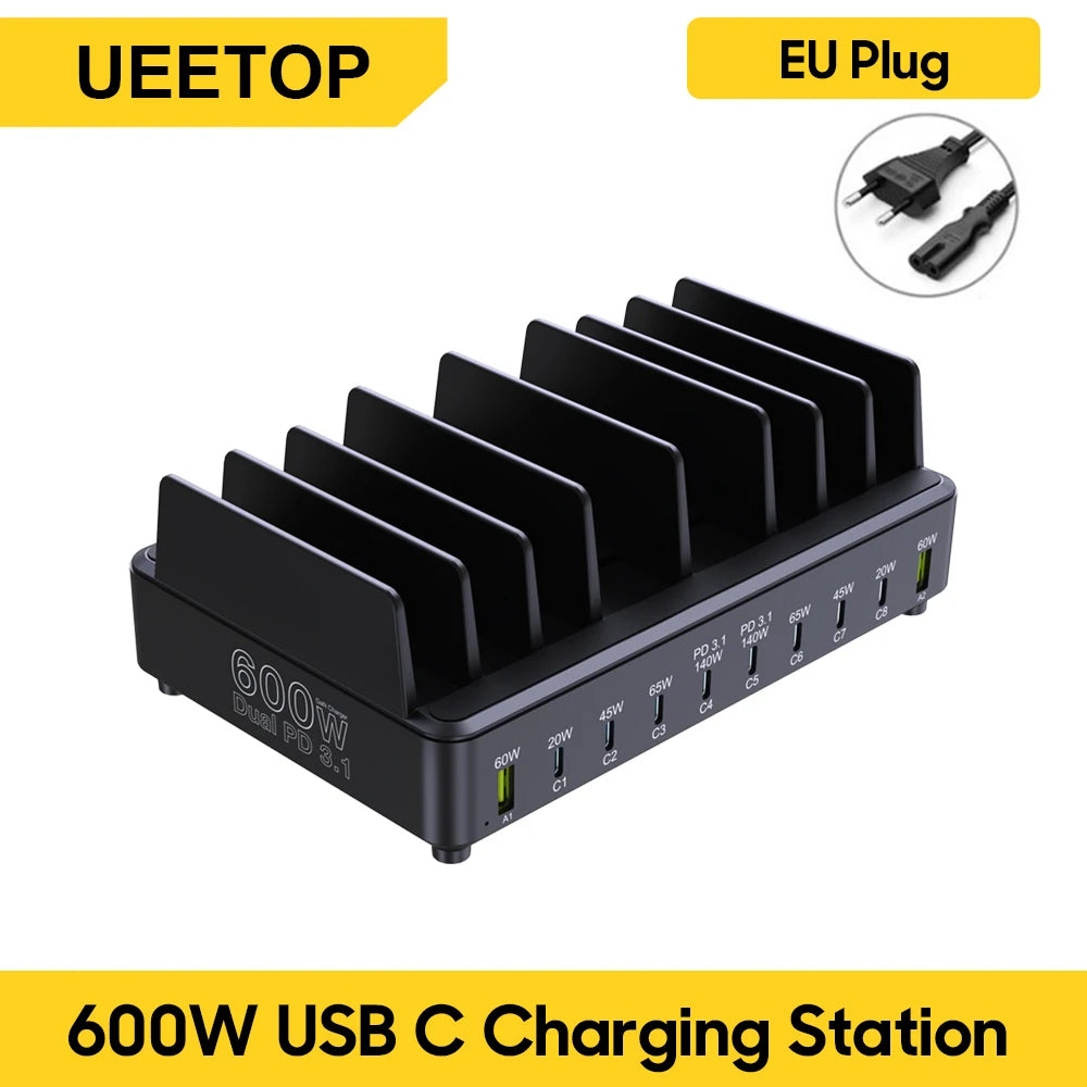 600W 10-Port GaN Desktop Charging Station - Fast PD 3.1 USB-C Charger - 17