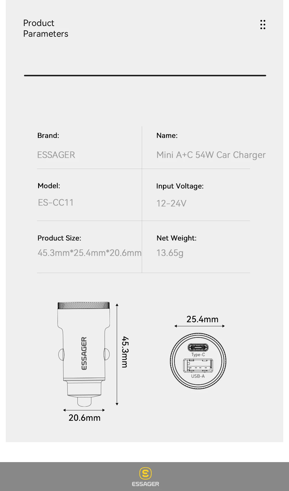 Essager 54W Dual Port Fast Car Charger - USB-C & USB-A PD/QC 3.0 Adapter