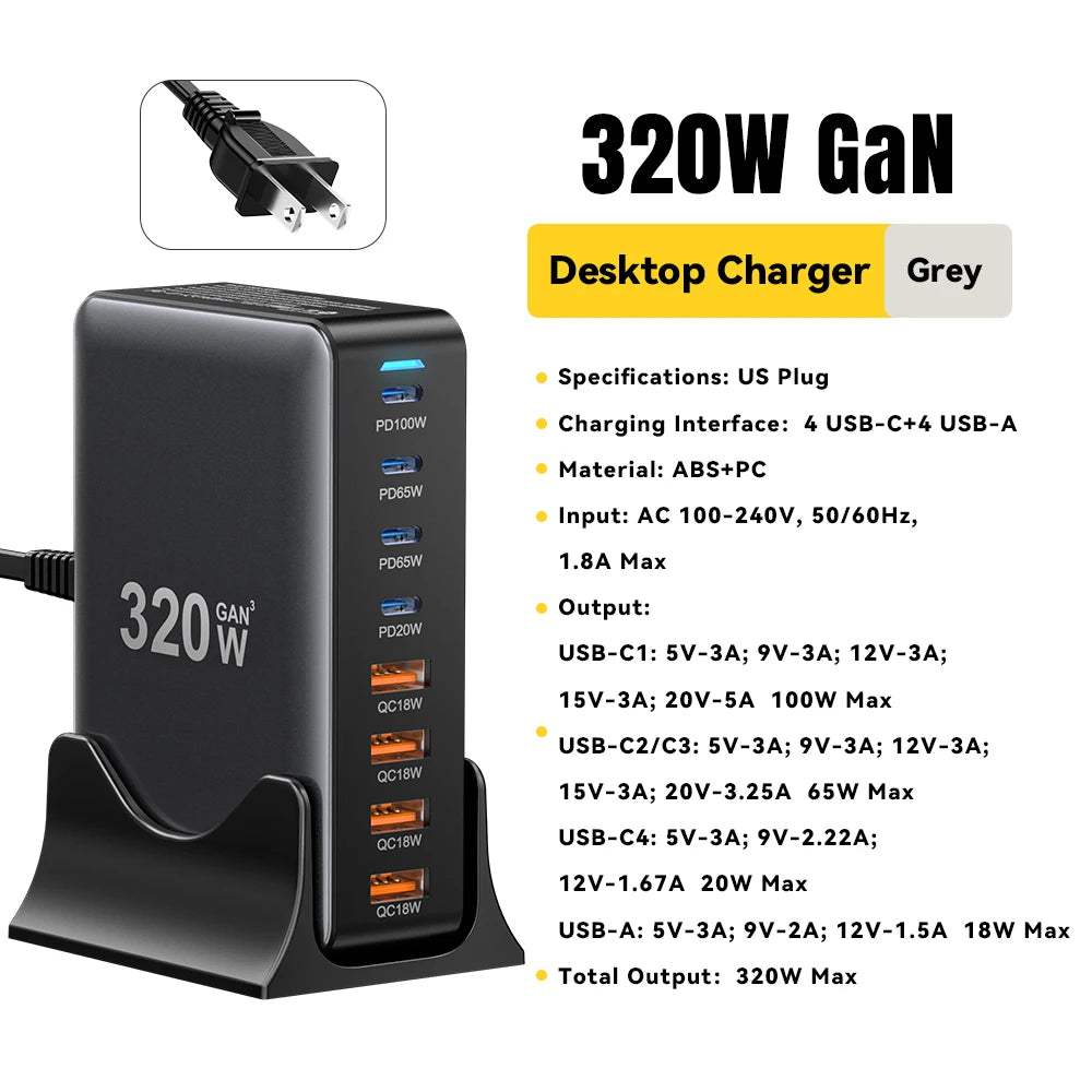 320W 8-Port GaN Desktop Charging Station - 100W PD Fast Charger for All Devices - 22