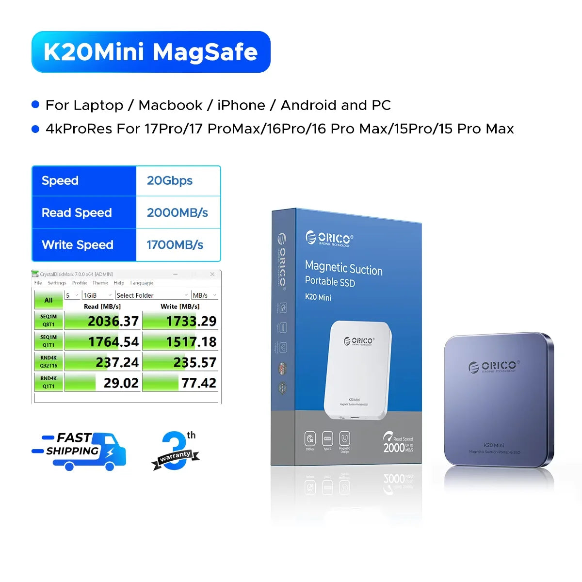 Magnetic External SSD for iPhone 16/15 Pro, 2000MB/s Portable Storage - 14