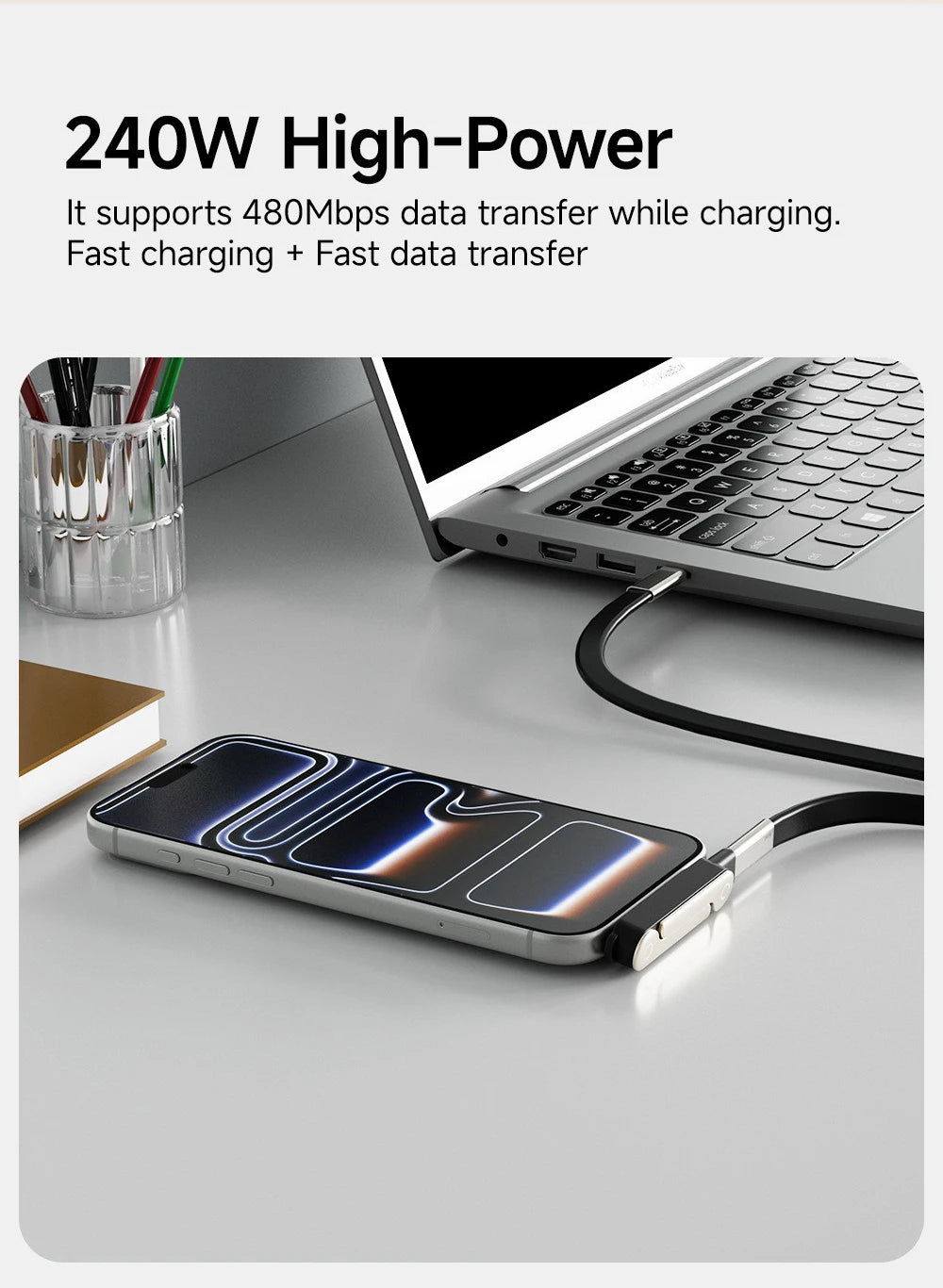 240W 2-in-1 USB-C Fast Charging Cable with Built-in Phone Stand