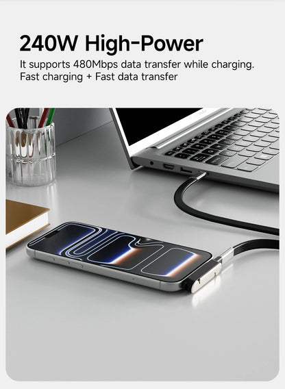 240W 2-in-1 USB-C Fast Charging Cable with Built-in Phone Stand