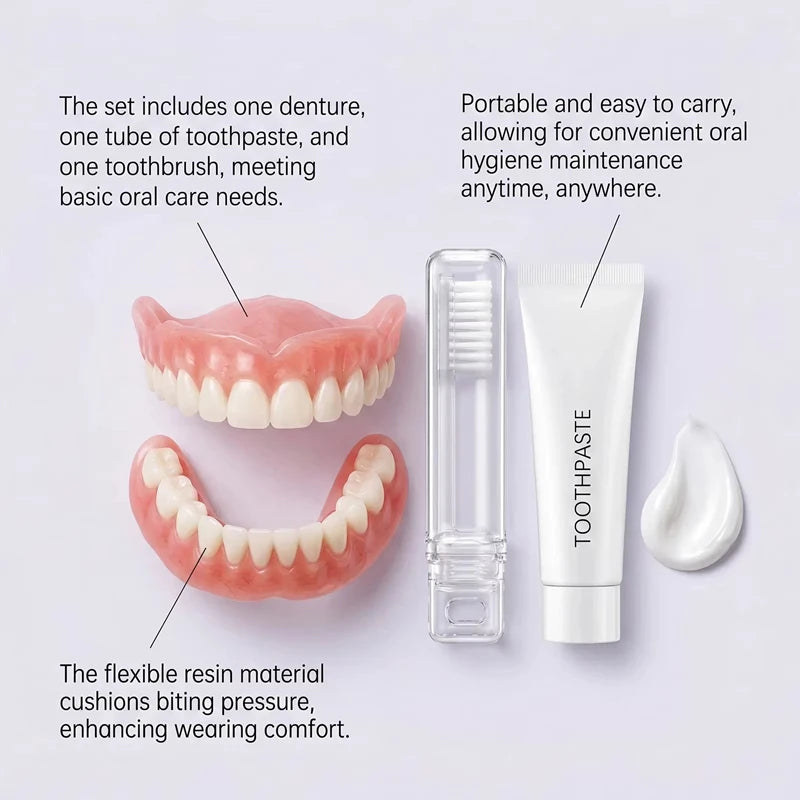 Comfort Silicone Dentures Set - Natural Fit Instant Smile Cosmetic Teeth - 18
