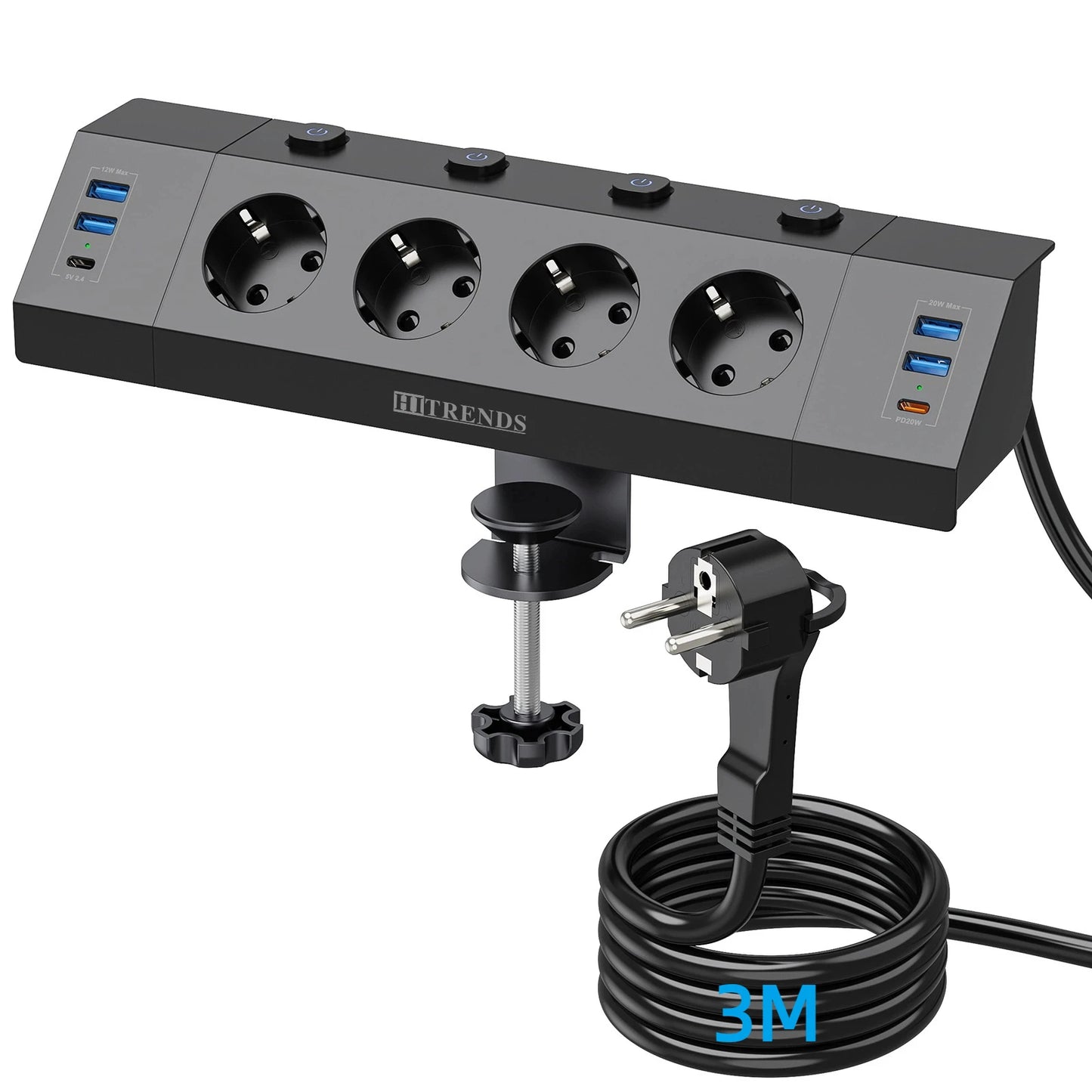 EU Desk Clamp Power Strip with 4 USB Ports, 2 USB-C & Surge Protection