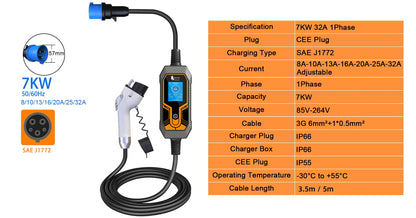 7KW Portable EV Charger Type 2 - Adjustable 32A Electric Vehicle Charging Box