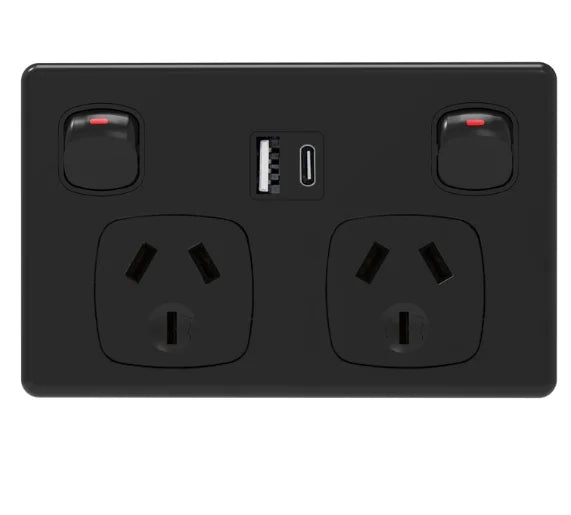 Australian Standard Dual Wall Socket with USB Ports & 2-Gang Switch - 14