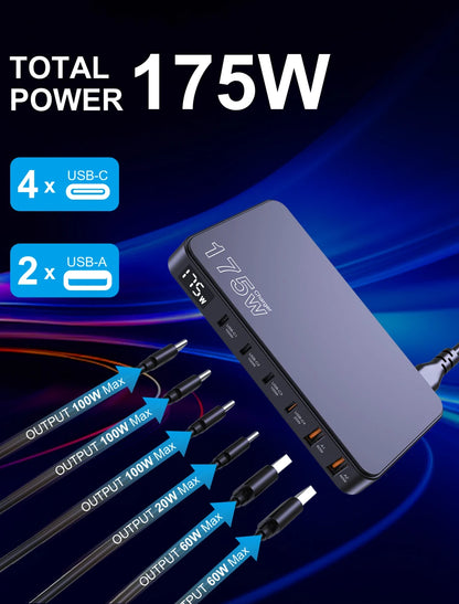 175W GaN USB-C Desktop Charger - 6-Port Fast Charging Station with LCD
