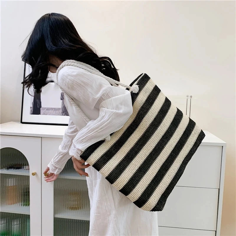 Luxury Striped Straw Beach Tote