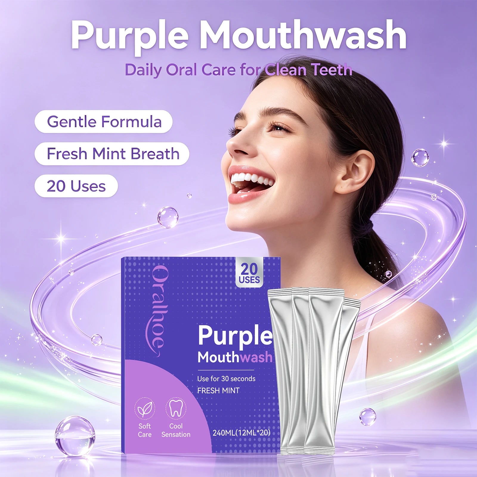 Purple Mint Mouthwash Single-Use Travel Sachets for Fresh Breath & Oral Care - 3
