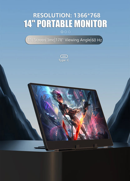 14-Inch Portable Monitor - 60Hz Lightweight Travel Display with Speakers
