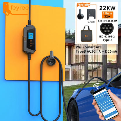 22KW 3-Phase Portable Type 2 EV Charger with App Control & Wi-Fi