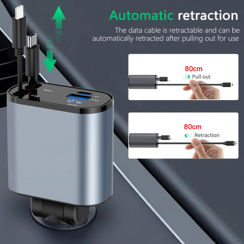 120W Retractable 4-in-1 Car Charger with Voltage Display & Fast Charging - 5