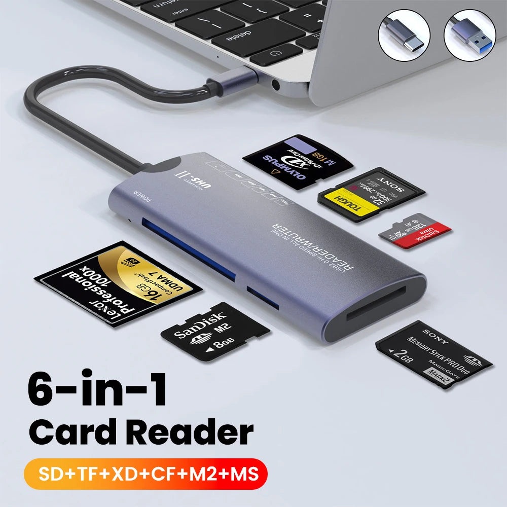 6-in-1 USB & Type-C Memory Card Reader - Fast Data Transfer for All Cards