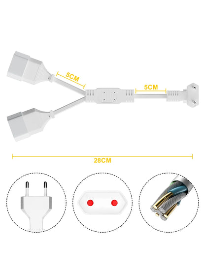 28cm EU Power Extension Cable - Type C Euro Plug to Double Socket Adapter