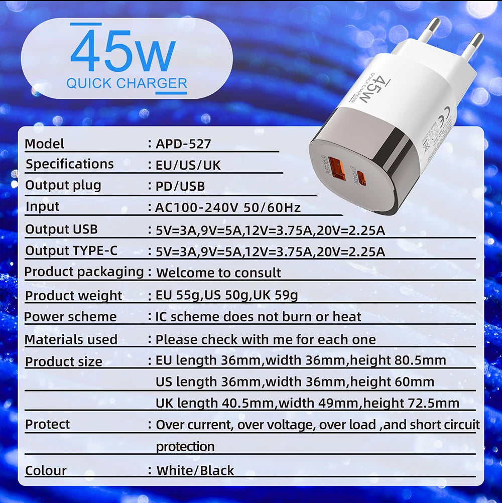 45W Dual Port USB-C & USB-A Fast Wall Charger for iPhone, Samsung, Huawei - 15